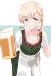  1girl alakoala alcohol apron beer beer_mug blonde_hair blue_eyes blush braid closed_mouth commentary cup dated dirndl dress eyebrows_visible_through_hair german_clothes green_dress highres holding holding_cup kantai_collection medium_hair mug shin&#039;you_(kancolle) shirt signature smile solo white_apron white_shirt 