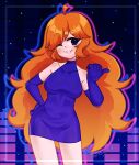  1girl alternate_universe blue_dress blue_eyes blue_gloves breasts dress elbow_gloves english_commentary friday_night_funkin&#039; friday_night_funkin&#039;_b-sides girlfriend_(friday_night_funkin&#039;) gloves joliseed long_hair orange_hair signature smile solo standing wink 