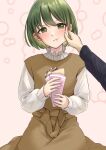  1girl 1other annoyed arms_up baggy_clothes bangs blush bob_cut bow brown_dress cheek_pinching collar crepe dark_green_hair dress dress_bow dress_shirt eating eyebrows_visible_through_hair food frilled_collar frilled_shirt frilled_shirt_collar frills green_eyes green_hair hand_on_another&#039;s_cheek hand_on_another&#039;s_face hands_up highres holding holding_food idolmaster idolmaster_shiny_colors kaiso_(kaisooekaki) long_sleeves nanakusa_nichika patterned_background pinching shirt short_hair simple_background sitting sweat sweatdrop sweets v_arms white_shirt 