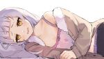  1girl absurdres bangs blunt_bangs blush brown_jacket camisole fur_trim highres hololive jacket long_hair long_sleeves lying murasaki_shion oisiimizu on_side open_mouth panties panty_peek pink_camisole purple_panties short_eyebrows sidelocks silver_hair sketch solo spaghetti_strap underwear virtual_youtuber yellow_eyes 