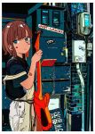  1girl absurdres bandaid blue_eyes brown_hair cyberpunk flat_color guitar harusameriburo highres instrument original short_hair solo standing tagme 