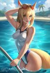  animal_ears arknights arm_up bare_hips beach blonde_hair breasts camb dripping eyewear_on_head highres horse_ears horse_girl horse_tail impossible_clothes impossible_swimsuit lips looking_at_viewer nearl_(arknights) pool pool_ladder red_lips sunglasses swimsuit tail thick_lips thighs wet yellow_eyes 