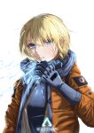  1girl 7_(lefiy) animification apex_legends blonde_hair blue_bodysuit blue_eyes blue_gloves bodysuit character_name commentary electricity gloves highres hood hooded_jacket jacket lichtenberg_figure lightning_bolt_symbol looking_at_viewer orange_jacket parted_lips ribbed_bodysuit scar scar_on_cheek scar_on_face short_hair solo wattson_(apex_legends) white_background white_bodysuit 