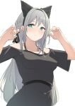  1girl absurdres an-94_(girls&#039;_frontline) animal_ears bangs bare_shoulders black_dress blue_eyes blush breasts cat_ears closed_mouth dress eyebrows_visible_through_hair fake_animal_ears girls_frontline grey_hair hair_ribbon hairband halterneck hands_up highres light_blush long_hair looking_at_viewer medium_breasts off-shoulder_dress off_shoulder oyatsutime ribbon short_sleeves simple_background smile solo upper_body very_long_hair white_background wide_sleeves 