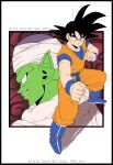 2boys black_eyes black_hair blue_footwear boots chris_re5 clenched_hand colored_skin dougi dragon_ball dragon_ball_(classic) evil_grin evil_smile fighting_stance green_skin grin male_focus multiple_boys piccolo pointy_ears serious shadow smile son_goku turban twitter_username wristband 