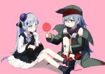  2girls animal_on_lap apron black_apron black_cat blush blush_stickers bow bowtie candy cat cat_on_lap checkered checkered_neckwear collared_shirt commentary_request food frilled_apron frills full_body g11_(girls&#039;_frontline) girls_frontline giving green_eyes green_jacket grey_hair hair_between_eyes hair_ornament hat highres hk416_(girls&#039;_frontline) jacket knee_pads lollipop long_hair mini_hat multiple_girls off_shoulder official_alternate_costume open_mouth pink_background sanderson shirt shoes simple_background sitting socks tears younger 