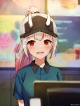  1girl alternate_costume bangs blurry blurry_background hat highres hololive horns iffyru looking_at_viewer nakiri_ayame oni_horns open_mouth ponytail red_eyes smile solo virtual_youtuber 