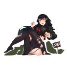  1girl absurdres black_hair black_legwear black_shirt blush breasts eyebrows_visible_through_hair girls_frontline highres jonbur_man long_hair looking_at_viewer medium_breasts no_shoes on_floor open_mouth panties pantyhose red_neckwear school_uniform shirt simple_background sitting solo spread_legs torn_clothes torn_legwear type_100_(girls&#039;_frontline) underwear violet_eyes white_background white_panties 