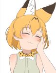  1girl :3 animal_ears bangs blonde_hair bow bowtie chis_(js60216) closed_mouth commentary eyebrows_visible_through_hair facing_viewer hand_on_another&#039;s_face head_tilt kemono_friends motion_lines pov print_neckwear serval_(kemono_friends) serval_print shirt short_hair simple_background sleeveless sleeveless_shirt smile textless white_background white_shirt yellow_neckwear 