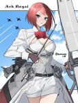  1girl aircraft airplane ark_royal_(kancolle) arrow_(projectile) bangs blue_eyes blunt_bangs bob_cut bow_(weapon) character_name cleavage_cutout clothing_cutout commentary_request compound_bow corset fingerless_gloves flight_deck gloves hairband highres holding inverted_bob kantai_collection long_sleeves one-hour_drawing_challenge overskirt quiver red_ribbon redhead ribbon short_hair shorts solo tiara weapon white_corset white_shorts yano_tanimachi 