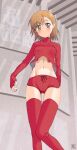  1girl artist_name ass_visible_through_thighs blush brown_eyes brown_hair closed_mouth dolphin_shorts dot_mouth dot_nose embarrassed eyebrows_visible_through_hair highres kikumaru_bunta long_sleeves looking_away midriff misaka_mikoto navel red_legwear red_shirt red_shorts shiny shiny_hair shirt short_hair short_shorts shorts solo standing thigh-highs toaru_kagaku_no_railgun toaru_majutsu_no_index turtleneck 