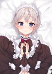  1boy alternate_costume apron bed_sheet blue_eyes blush bow bowtie brown_dress clothes_lift dakimakura_(medium) dress dress_lift enmaided frilled_apron frills highres looking_away maid maid_apron maid_headdress male_focus navel otoko_no_ko short_hair smile solo totsuka_saika upper_body white_apron yaguo yahari_ore_no_seishun_lovecome_wa_machigatteiru. 