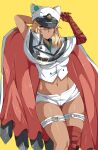  bandaged_arm bandaged_leg bandages cape clover dark-skinned_female dark_skin floating floating_object four-leaf_clover guilty_gear highres navel olly_(ollycrescent) orange_eyes platinum_blonde_hair ramlethal_valentine red_cape short_shorts shorts thigh_strap visor_cap weapon white_headwear white_shorts yellow_background 