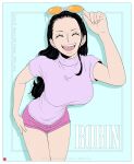  1girl black_hair breasts chris_re5 cowboy_shot forehead hair_pulled_back hand_on_hip large_breasts long_hair nico_robin one_piece open_mouth photo-referenced pink_shorts purple_shirt shirt short_shorts shorts signature smile solo sunglasses t-shirt turtleneck 