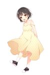  1girl :d bangs bare_arms bare_shoulders black_footwear black_hair blush brown_dress brown_eyes collarbone dress eyebrows_visible_through_hair full_body looking_at_viewer open_mouth original shikitani_asuka shoes simple_background sleeveless sleeveless_dress smile socks solo standing standing_on_one_leg strap_slip v-shaped_eyebrows white_background white_legwear 