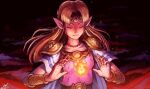  1girl armor bangs blonde_hair bracer breasts circlet closed_eyes dress earrings fire jewelry kornart long_hair necklace pointy_ears princess_zelda simple_background smile solo super_smash_bros. the_legend_of_zelda the_legend_of_zelda:_a_link_between_worlds tiara triforce 