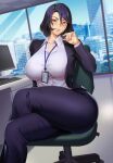  1girl black_pants blazer blurry blurry_background breasts building collared_shirt commentary commission crossed_legs curvy desk dress_shirt highres id_card jacket keyboard_(computer) kirin_ouji lanyard large_breasts lips looking_at_viewer mature_female medium_hair monitor office office_lady original pants purple_hair shirt sitting smile solo white_shirt window 