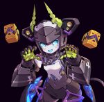  1girl black_background chain claw_pose dia_(world_flipper) fang horns humanoid_robot leaning_forward mechanical_horns metal_skin navel no_humans open_mouth science_fiction skin_fang smile solo speaker taedu world_flipper 