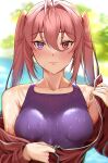  1girl bangs blush breasts closed_mouth commentary_request day eyebrows_visible_through_hair hair_between_eyes hair_tie highres jacket long_sleeves looking_at_viewer medium_breasts original outdoors purple_swimsuit red_jacket ryudraw solo swimsuit swimsuit_under_clothes track_jacket twintails undressing unzipping upper_body wet wet_clothes wet_swimsuit 