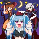  3girls :p animal_ears aqua_eyes bat_wings black_cape black_hair black_headwear black_shirt black_wings blue_eyes blue_hair blue_vest blush bow bowtie brown_hair cape cape_lift cat_ears claw_pose commentary_request crescent_moon dress dress_shirt eyebrows_visible_through_hair facial_mark fake_animal_ears fangs fingernails frilled_dress frills fur_collar fur_cuffs hair_ornament halloween halloween_costume hand_on_hip hat head_wings highres lifted_by_self long_hair long_sleeves looking_at_viewer lyrical_nanoha mahou_shoujo_lyrical_nanoha mahou_shoujo_lyrical_nanoha_a&#039;s mahou_shoujo_lyrical_nanoha_a&#039;s_portable:_the_battle_of_aces material-d material-l material-s medium_dress moon multicolored_hair multiple_girls night night_sky open_mouth orange_dress oshimaru026 puffy_short_sleeves puffy_sleeves red_cape red_neckwear sharp_fingernails shirt short_hair short_sleeves sidelocks silver_hair sky sleeveless sleeveless_shirt smile standing star_(sky) star_(symbol) starry_sky tongue tongue_out torn_clothes torn_shirt twintails two-sided_cape two-sided_fabric two-tone_hair v-shaped_eyebrows vest violet_eyes whisker_markings white_shirt wings witch_hat x_hair_ornament 