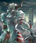  1girl armor armored_dress clarent_(fate) clock clock_tower fake_horns fate/apocrypha fate/grand_order fate_(series) from_behind gauntlets helmet horned_helmet horns kim_yura_(goddess_mechanic) mordred_(fate) mordred_(fate/apocrypha) rain shoulder_armor solo sword tower twitter_username weapon 