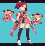 :o back_bow bow dual_wielding fingerless_gloves floating full_body gloves green_eyes headband heart highres holding jacket looking_at_viewer ninja om_(nk2007) pink_jacket pink_neckwear redhead robot saru_getchu sayaka_(saru_getchu) short_sleeves short_twintails shorts socks sword tabi thigh-highs twintails two-tone_background weapon 