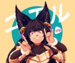  1girl absurdres animal_ears background_text bangs bell black_hair blush bodysuit collarbone double_fox_shadow_puppet erune eyebrows_visible_through_hair fangs fox_ears fox_shadow_puppet fur-trimmed_sleeves fur_trim granblue_fantasy grin hair_bell hair_ornament hair_ribbon hands_up highres kuroqueta long_hair looking_at_viewer ribbon sidelocks signature smile solo sweater translation_request two-tone_background upper_body violet_eyes yuel_(granblue_fantasy) 