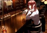  1girl alcohol bangs bar black_pants braid braided_ponytail chainsaw_man chair cluseller collared_shirt counter cup drinking_glass formal holding holding_cup ice indoors makima_(chainsaw_man) pants redhead shiny shirt shirt_tucked_in sitting smile white_shirt yellow_eyes 