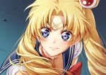  1girl bambi_nano bishoujo_senshi_sailor_moon blonde_hair blue_eyes blue_sailor_collar blurry blurry_background blush bow bowtie choker circlet closed_mouth collarbone collared_shirt double_bun earrings hair_intakes heart heart_choker jewelry long_hair looking_at_viewer red_bow red_choker red_neckwear sailor_collar sailor_moon sailor_moon_redraw_challenge sailor_senshi_uniform sailor_shirt shiny shiny_hair shirt short_sleeves solo sparkle sweatdrop twintails upper_body very_long_hair white_shirt 