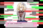  blazer blonde_hair blue_skirt bow brown_jacket doki_doki_literature_club glitch hololive hololive_english jacket monika_(doki_doki_literature_club) mus_sket parody red_ribbon ribbon school_uniform skirt virtual_youtuber watson_amelia white_bow 