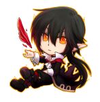  1boy aura bangs black_coat black_footwear black_hair black_pants chibi closed_mouth coat commentary_request despair_god_morroc expressionless full_body hair_between_eyes long_hair looking_at_viewer male_focus manoji orange_eyes pants pointy_ears ragnarok_online red_feathers shirt shoes simple_background solo white_background white_shirt 