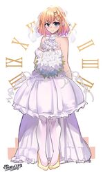  1girl absurdres auraaa bangs blonde_hair blue_eyes bouquet breasts clock detective dress hair_ornament highres hololive hololive_english holomyth medium_breasts monocle_hair_ornament short_hair simple_background virtual_youtuber watson_amelia wedding_dress 