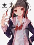  1girl bangs black_hair blunt_bangs hair_rings hand_up highres magia_record:_mahou_shoujo_madoka_magica_gaiden mahou_shoujo_madoka_magica matsuzaka_(matsuzakagyu_29) multicolored_hair ouba_juri red_eyes ribbon school_uniform smile solo white_background 