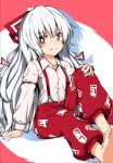  1girl bangs barefoot bow bright_pupils buttons closed_mouth collared_shirt eyebrows_visible_through_hair fujiwara_no_mokou grey_hair hair_bow hand_on_own_knee knee_up long_hair long_sleeves looking_at_viewer multiple_bows ofuda ofuda_on_clothes pants red_eyes red_pants shirt sho_(pvt_shoumei) sitting smile solo suspenders touhou white_pupils white_shirt 
