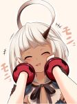  1girl 1other ahoge arms_up bangs beige_background black_gloves black_ribbon blunt_bangs blush cheek_squash closed_eyes collar dark-skinned_female dark_skin detached_collar fang gloves god_eater god_eater_3 hands_on_another&#039;s_arms hands_on_another&#039;s_cheeks hands_on_another&#039;s_face hands_up happy head_tilt highres horns maritchi open_mouth outline phym_(god_eater) pov pov_hands ribbon short_hair simple_background single_horn smile solo_focus teeth white_hair white_outline 