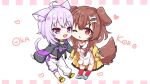  2girls :3 :d ahoge animal_ears bangs belt_collar bone_hair_ornament braid brown_hair cat_ears cat_girl cat_tail character_name cheek-to-cheek chibi choker coat collar collared_dress commentary_request dog_ears dog_girl dog_tail dress eyebrows_visible_through_hair full_body hair_between_eyes hair_ornament heads_together hololive hood hooded_coat hooded_sweater inugami_korone kneehighs kuze_matsuri leaning_forward long_hair long_sleeves looking_at_another looking_at_viewer low-tied_long_hair midriff multiple_girls nekomata_okayu one_eye_closed open_mouth pants parted_lips purple_hair red_eyes red_legwear shoes short_hair sidelocks simple_background smile sneakers standing sweater tail twin_braids violet_eyes virtual_youtuber white_background white_dress white_pants yellow_coat 