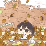  1girl baguette blue_hakama bread brown_eyes chibi chocolate_cornet commentary_request croissant eating food hakama japanese_clothes kaga_(kancolle) kantai_collection karin. long_hair melon_bread muneate sandwich side_ponytail tasuki 