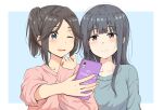  2girls absurdres betock black_hair blue_eyes blush brown_hair cellphone facing_viewer hibike!_euphonium highres kasaki_nozomi liz_to_aoi_tori long_hair multiple_girls one_eye_closed phone ponytail red_eyes smartphone smile sweater upper_body yoroizuka_mizore 