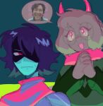  1boy 1other 6kai3 blue_background blue_hair blue_skin deltarune glasses goat_boy horns kris_(deltarune) meme pink_eyes ralsei seong_gi-hun speech_bubble squid_game sweat white_fur 