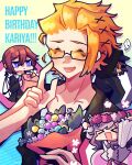  &gt;o&lt; ... 2boys 2girls arms_up bouquet brown_hair character_request chibi closed_eyes dress gift hair_between_eyes hands_up happy_birthday head_wreath highres hiyo_qre kariya_koki minamimoto_shou multiple_boys multiple_girls orange_hair shin_subarashiki_kono_sekai short_hair spoken_ellipsis tinted_eyewear wings 