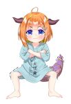  1girl amane_kanata barefoot blonde_hair colored_inner_hair commentary_request crossed_arms dragon_girl dragon_horns dragon_tail frown hair_ornament hairclip highres hololive horns hosimaru if_they_mated kiryu_coco multicolored_hair orange_hair pp_tenshi_t-shirt solo squatting tail two-tone_hair v-shaped_eyebrows violet_eyes wavy_mouth 