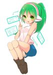  1girl android bare_shoulders blush boots breasts charu_(saru_getchu) full_body green_eyes green_hair headphones highres inon joints long_hair looking_at_viewer monkey open_mouth ponytail robot_ears robot_joints saru_getchu shorts simple_background solo white_background 
