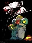  1girl 1other arm_cannon blonde_hair blue_eyes broken_helmet character_request clenched_teeth dark headwear_removed helmet helmet_removed hiding highres hugging_own_legs legs_together looking_up metroid metroid_dread ponytail samus_aran scared ssambatea tears teeth weapon 