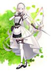  1girl black_footwear black_skirt blue_eyes bow_(weapon) elf holding holding_bow_(weapon) holding_weapon long_hair looking_at_viewer maid_headdress original pointy_ears shoes skirt solo standing thigh-highs tokuno_yuika weapon white_hair white_legwear 