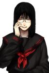  1girl black_hair black_sailor_collar black_shirt braces glasses grey_eyes hand_up highres hoshi_san_3 long_hair long_sleeves looking_at_viewer mole mole_under_eye mole_under_mouth neckerchief original pale_skin red_neckwear sailor_collar school_uniform semi-rimless_eyewear serafuku shirt simple_background solo under-rim_eyewear upper_body white_background 