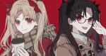  2girls :d adjusting_eyewear blonde_hair bow brown_coat closed_mouth coat cup ebanoniwa ereshkigal_(fate) fate/grand_order fate_(series) glasses grey_scarf hair_bow holding holding_cup ishtar_(fate) looking_at_viewer multiple_girls open_mouth red-framed_eyewear red_background red_bow red_eyes scarf semi-rimless_eyewear simple_background smile smug under-rim_eyewear 