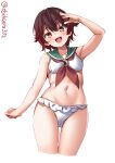  1girl adapted_costume bare_arms bare_legs bare_shoulders bikini blush brown_eyes brown_hair collarbone cowboy_shot crescent_moon cropped_legs ebifurya eyebrows_visible_through_hair green_sailor_collar hair_between_eyes highres kantai_collection looking_at_viewer moon mutsuki_(kancolle) navel neckerchief open_mouth red_neckwear sailor_collar short_hair simple_background smile solo swimsuit twitter_username white_background white_bikini 