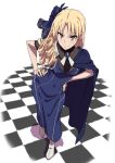  1girl anime_coloring blonde_hair blue_dress cloak closed_mouth dress drill_hair fate_(series) hair_ornament highres looking_at_viewer lord_el-melloi_ii_case_files luviagelita_edelfelt shadow smile solo white_background white_footwear yellow_eyes yuukami_(wittsu) 