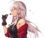  1girl absurdres anceril_sacred bangs bare_shoulders black_gloves breasts candy food gloves green_eyes highres holding jacket lollipop long_hair mishima_kurone neckwear open_mouth original red_jacket silver_hair solo tongue tongue_out white_background 