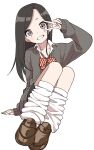  1girl bangs black_hair bow brown_eyes brown_footwear cardigan copyright_request grey_cardigan highres long_hair long_sleeves looking_at_viewer necktie parted_bangs shoes simple_background sitting smile socks solo striped striped_neckwear v white_background yamamoto_souichirou 
